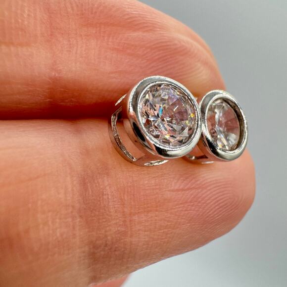 Ross-Simons CZ Round Stud Earrings 925 Sterling Silver Signed Tested Bezel Set - Picture 5 of 13